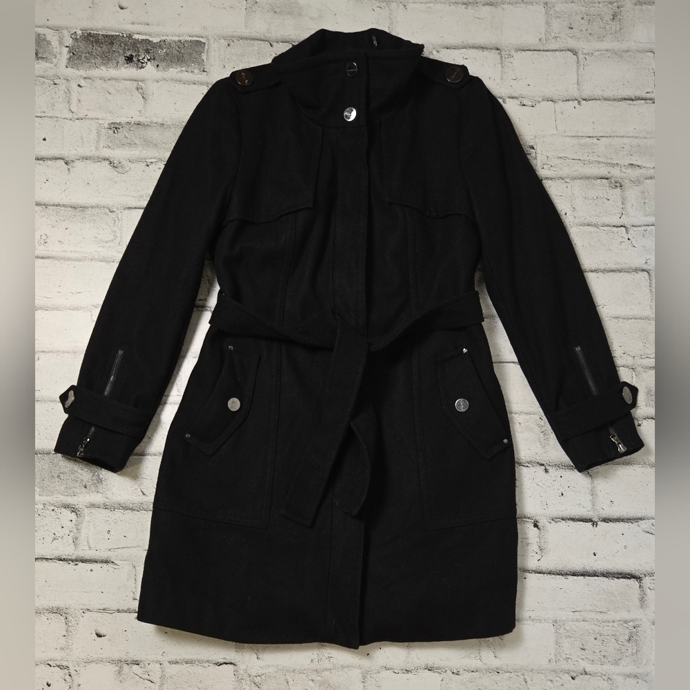 Kenneth Cole Black Wool Blend Belted Trench Coat Womens 12 Zip Cuffs